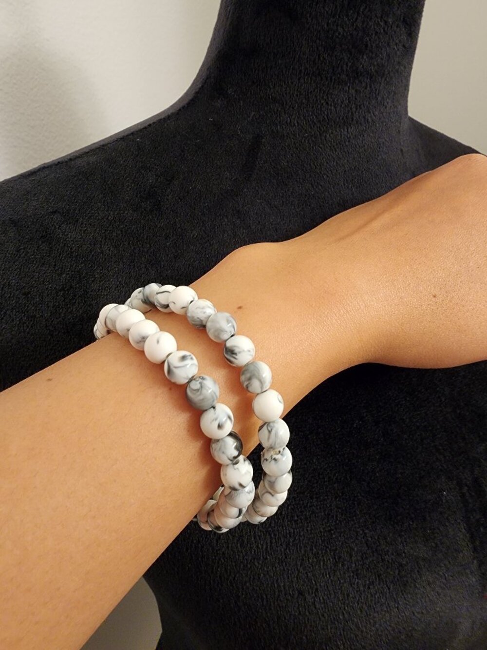 2-Piece Black & White Marble Stretch Bracelet Set